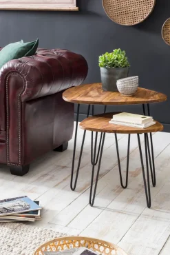 FineBuy 2er Set Beistelltisch FB51455 Sheesham Holz Metall Wohnzimmer Couchtisch