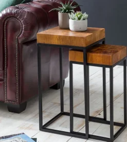 FineBuy 2er Set Beistelltisch FB51457 Sheesham Holz Metall Tisch Couchtisch