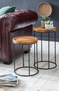 FineBuy 2er Set Beistelltische FB51458 Sheesham Holz Metall Tisch Couchtisch