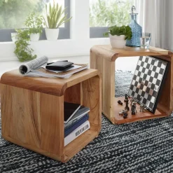 FineBuy 2er Set Satztisch Massivholz Wohnzimmertisch Landhaus Cube Beistelltisch