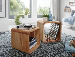 FineBuy 2er Set Satztisch Massivholz Wohnzimmertisch Landhaus Cube Beistelltisch