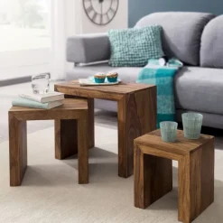 FineBuy 3er Set Satztisch Massivholz Wohnzimmertisch Landhausstil Beistelltisch