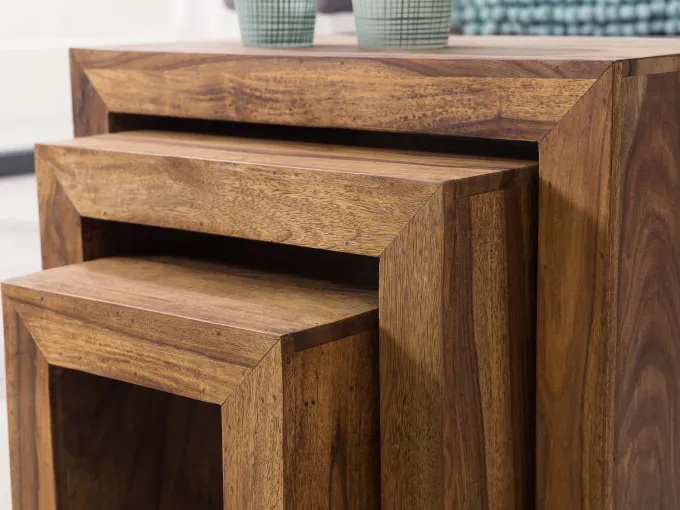 FineBuy 3er Set Satztisch Massivholz Wohnzimmertisch Landhausstil Beistelltisch