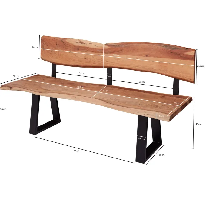 FineBuy Esszimmerbank 160cm Essbank mit Lehne Baumkante Sitzbank Bank Holz