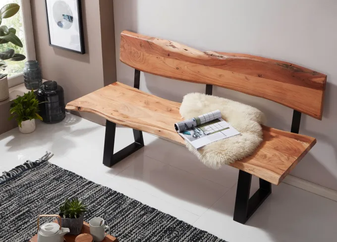 FineBuy Esszimmerbank TREE 180cm Essbank mit Lehne Baumkante Sitzbank Bank Holz