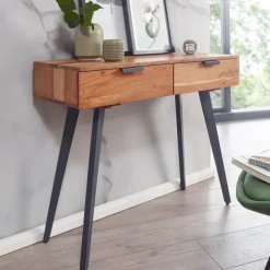 FineBuy Konsolentisch 90 cm Akazie Schreibtisch Massivholz / Metall Schminktisch