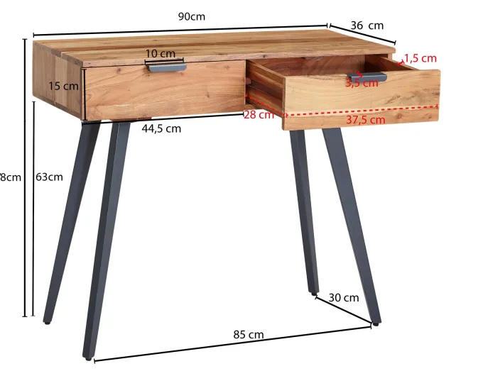 FineBuy Konsolentisch 90 cm Akazie Schreibtisch Massivholz / Metall Schminktisch