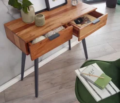 FineBuy Konsolentisch 90 cm Akazie Schreibtisch Massivholz / Metall Schminktisch