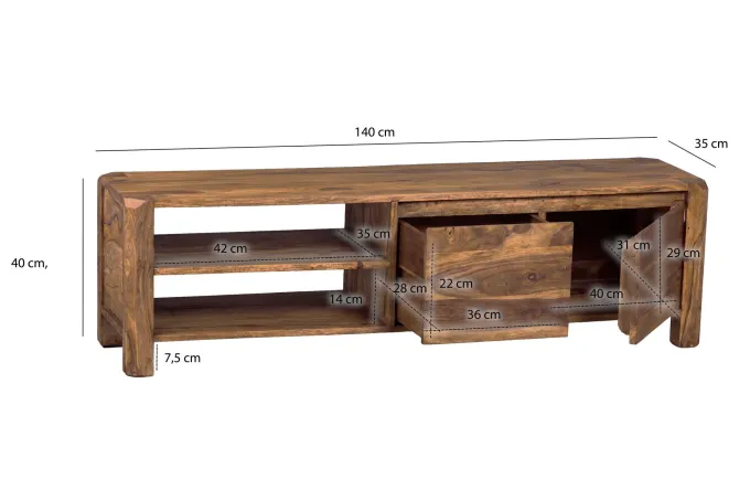 FineBuy Lowboard Massivholz Kommode 140 cm TV-Board Landhaus-Stil 40 cm TV-Möbel