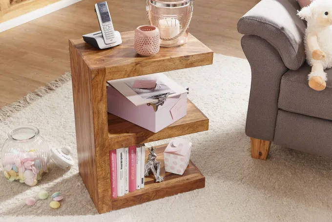 FineBuy Massivholz Beistelltisch E- Cube Ablage Stand Bücher Regal 44x60x30