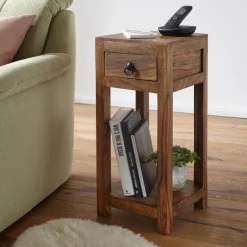 FineBuy Massivholz Beistelltisch Telefontisch 30 x 30 x 68 cm mit Schublade