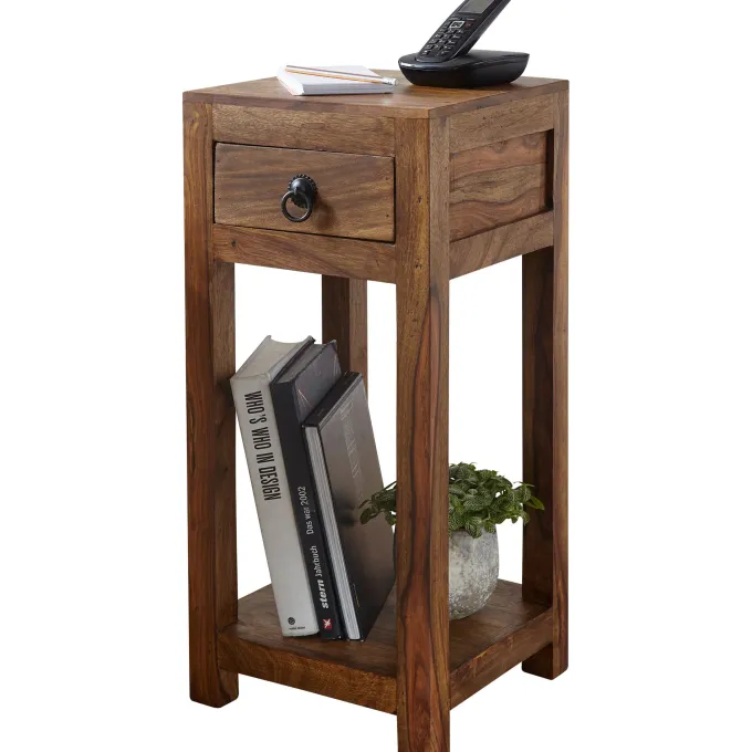 FineBuy Massivholz Beistelltisch Telefontisch 30 x 30 x 68 cm mit Schublade