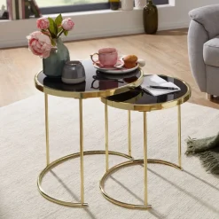 FineBuy Satztisch COMO schwarz/Gold Beistelltisch Metall/Glas Couchtisch 2er Set