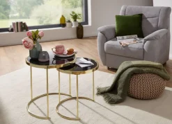 FineBuy Satztisch COMO schwarz/Gold Beistelltisch Metall/Glas Couchtisch 2er Set
