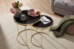 FineBuy Satztisch COMO schwarz/Gold Beistelltisch Metall/Glas Couchtisch 2er Set