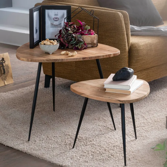 FineBuy Satztisch Massiv 2er Set Beistelltisch Tisch Holz Metall Couchtisch