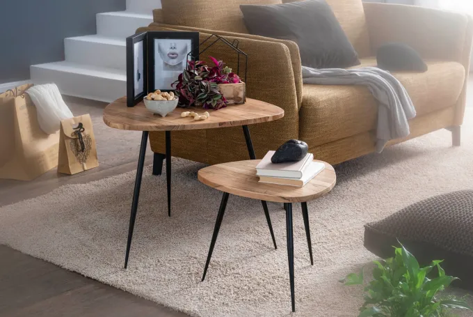 FineBuy Satztisch Massiv 2er Set Beistelltisch Tisch Holz Metall Couchtisch