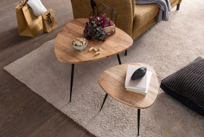 FineBuy Satztisch Massiv 2er Set Beistelltisch Tisch Holz Metall Couchtisch