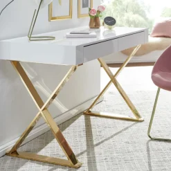 FineBuy Schreibtisch Hochglanz Weiß Gold 118 cm Holz Computertisch Tisch Büro
