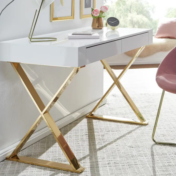 FineBuy Schreibtisch Hochglanz Weiß Gold 118 cm Holz Computertisch Tisch Büro