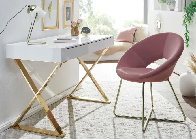 FineBuy Schreibtisch Hochglanz Weiß Gold 118 cm Holz Computertisch Tisch Büro