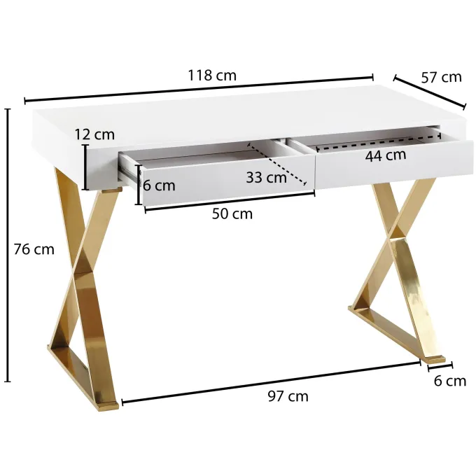 FineBuy Schreibtisch Hochglanz Weiß Gold 118 cm Holz Computertisch Tisch Büro