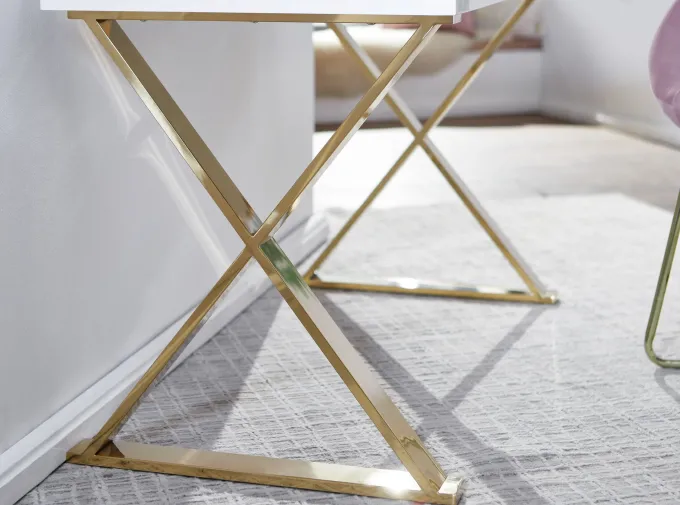 FineBuy Schreibtisch Hochglanz Weiß Gold 118 cm Holz Computertisch Tisch Büro