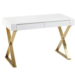 FineBuy Schreibtisch Hochglanz Weiß Gold 118 cm Holz Computertisch Tisch Büro