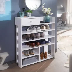 FineBuy Schuhregal Weiß 75x92,5 cm Flurregal Hoch Regal 7 Fächer mit Schublade