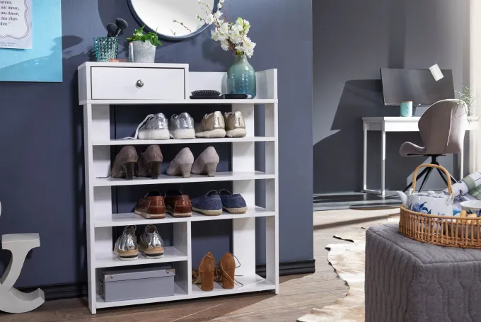 FineBuy Schuhregal Weiß 75x92,5 cm Flurregal Hoch Regal 7 Fächer mit Schublade