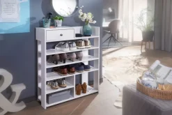 FineBuy Schuhregal Weiß 75x92,5 cm Flurregal Hoch Regal 7 Fächer mit Schublade
