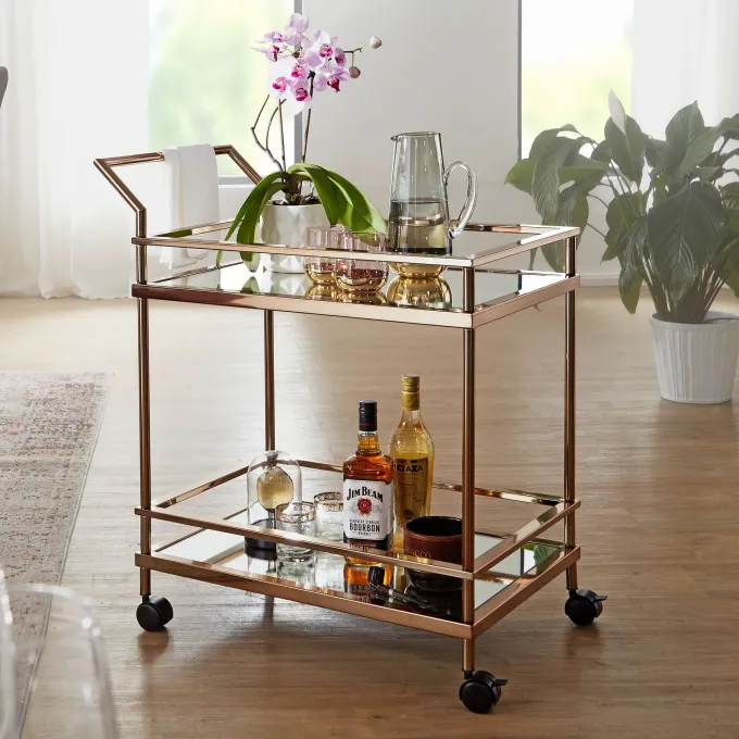 FineBuy Servierwagen Gold Beistelltisch Rollen Küchen- Speisewagen Glas Teewagen