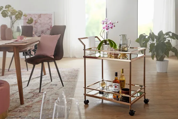 FineBuy Servierwagen Gold Beistelltisch Rollen Küchen- Speisewagen Glas Teewagen