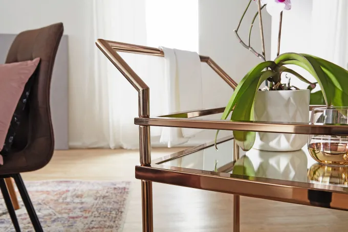 FineBuy Servierwagen Gold Beistelltisch Rollen Küchen- Speisewagen Glas Teewagen
