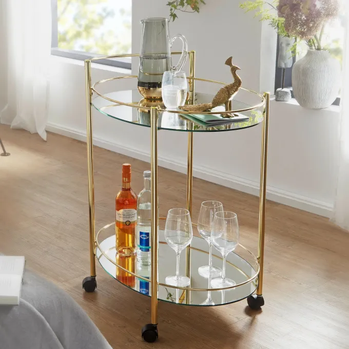FineBuy Servierwagen Gold Beistelltisch auf Rollen Glas Speisewagen Teewagen