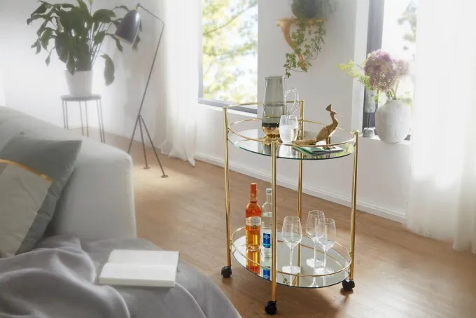 FineBuy Servierwagen Gold Beistelltisch auf Rollen Glas Speisewagen Teewagen