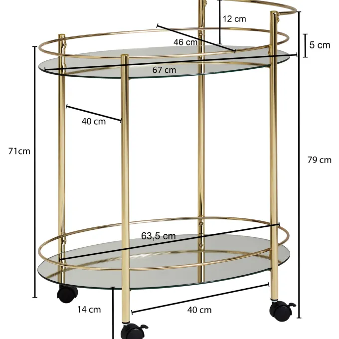 FineBuy Servierwagen Gold Beistelltisch auf Rollen Glas Speisewagen Teewagen