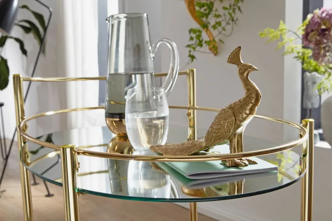 FineBuy Servierwagen Gold Beistelltisch auf Rollen Glas Speisewagen Teewagen