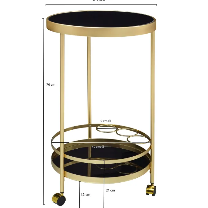 FineBuy Servierwagen Gold Beistelltisch auf Rollen Glas Speisewagen Rund Ø 45 cm