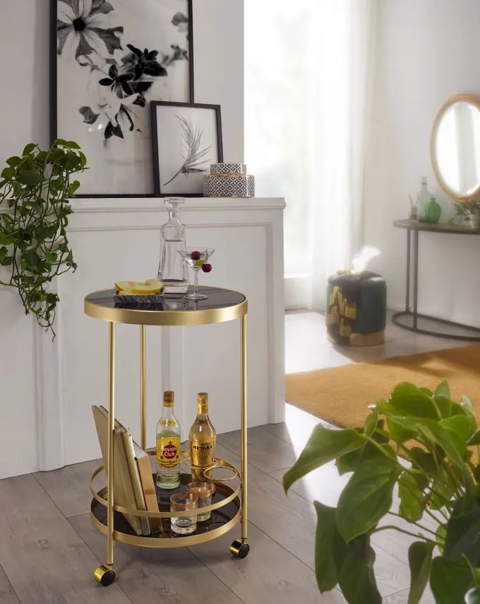FineBuy Servierwagen Gold Beistelltisch auf Rollen Glas Speisewagen Rund Ø 45 cm