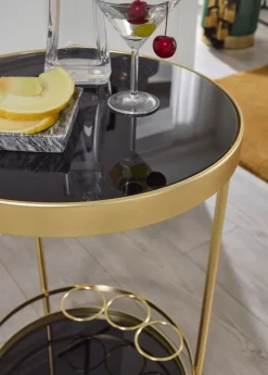 FineBuy Servierwagen Gold Beistelltisch auf Rollen Glas Speisewagen Rund Ø 45 cm