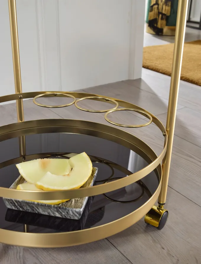 FineBuy Servierwagen Gold Beistelltisch auf Rollen Glas Speisewagen Rund Ø 45 cm