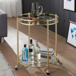 FineBuy Servierwagen Gold Ø 57cm Beistelltisch Teewagen Rollen Küchenwagen