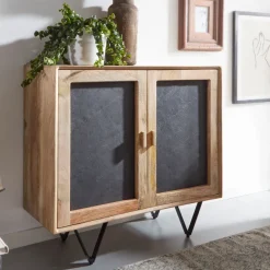 FineBuy Sideboard 80x75x35cm Holz Massiv Stein Kommode Anrichte mit Türen Modern