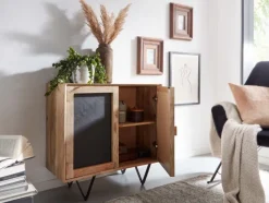 FineBuy Sideboard 80x75x35cm Holz Massiv Stein Kommode Anrichte mit Türen Modern