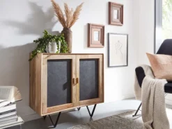 FineBuy Sideboard 80x75x35cm Holz Massiv Stein Kommode Anrichte mit Türen Modern