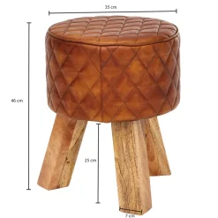 FineBuy Sitzhocker Echtleder 35x46x35 cm Fußhocker Rund Lederhocker Massivholz