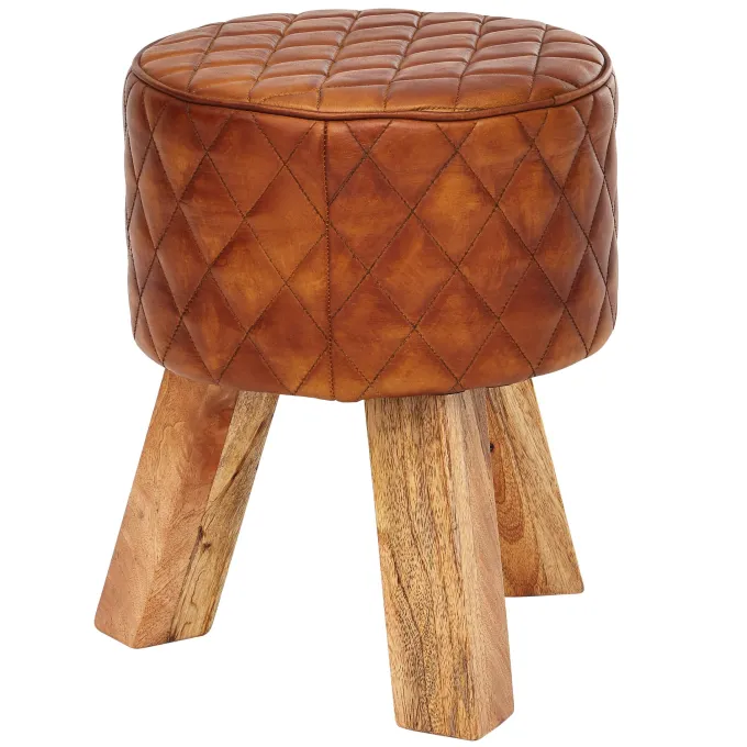 FineBuy Sitzhocker Echtleder 35x46x35 cm Fußhocker Rund Lederhocker Massivholz