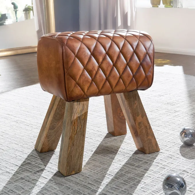 FineBuy Sitzhocker Echtleder 40x48x27 cm Fußhocker Lederhocker Massivholz Braun
