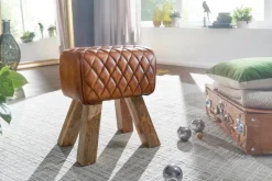 FineBuy Sitzhocker Echtleder 40x48x27 cm Fußhocker Lederhocker Massivholz Braun